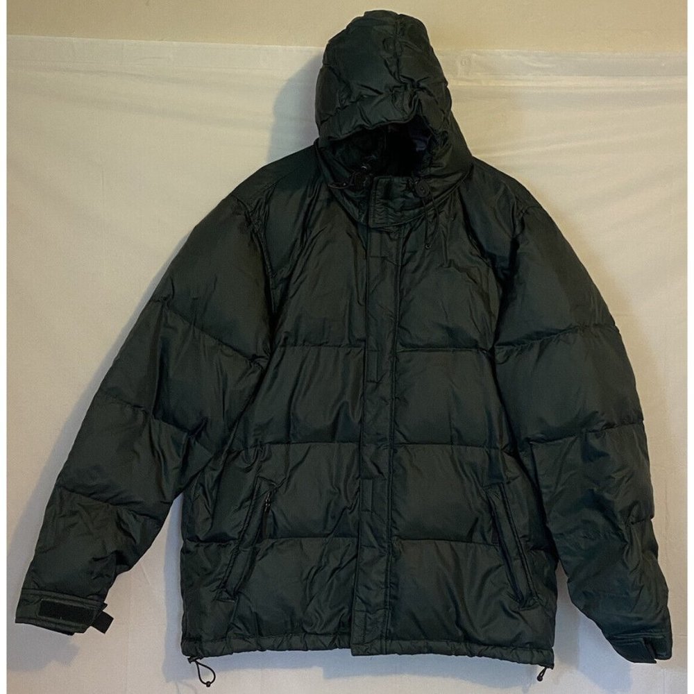 Eddie Bauer Goose Down Puffer Jacket Full Zip Hooded Mens Large Tall Dark Green